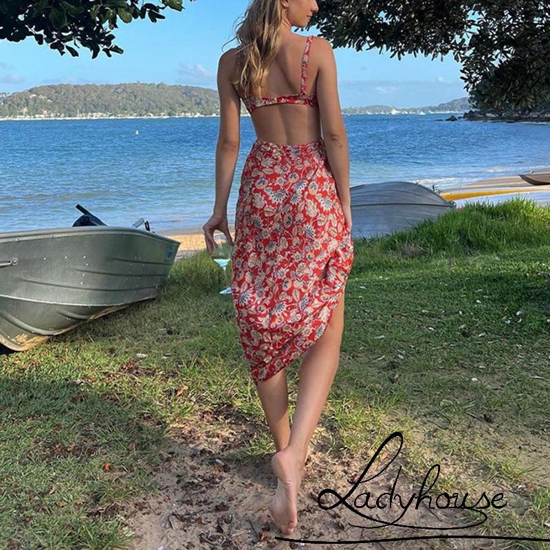 LD-Women´s Sling Long Dress, Floral Printed Hollow Out Backless Ring Connect Dress, Casual Simple One-Piece Clothes