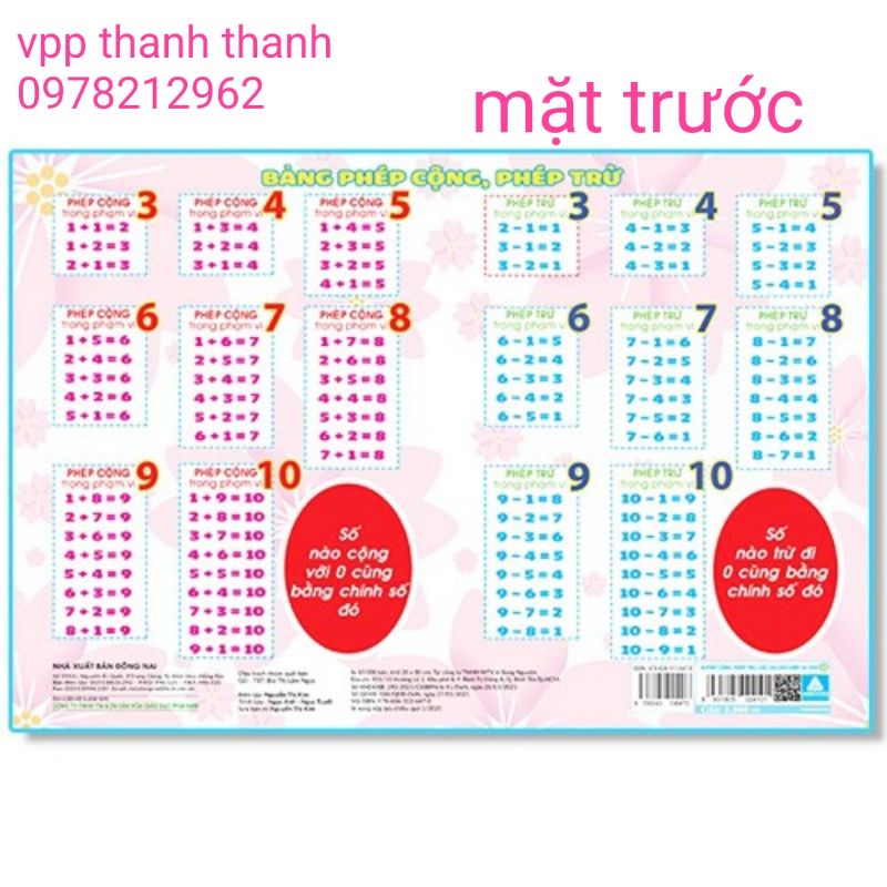 Bảng 2 mặt phép cộng, phép trừ + chữ cái ghép vần