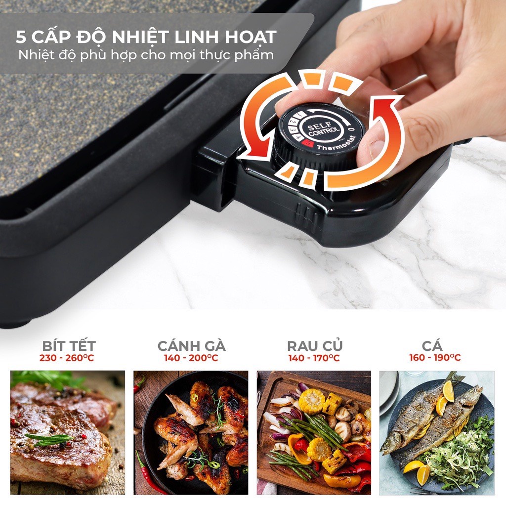 Bếp nướng điện không khói Lebenlang LBDD5656 1800W, khay chống dính vân đá tháo rời