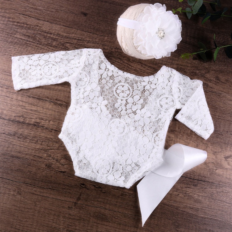 Bộ Áo Liền Quần Phối Ren Hoa + Băng Đô Đội Đầu Cho Bé Gái