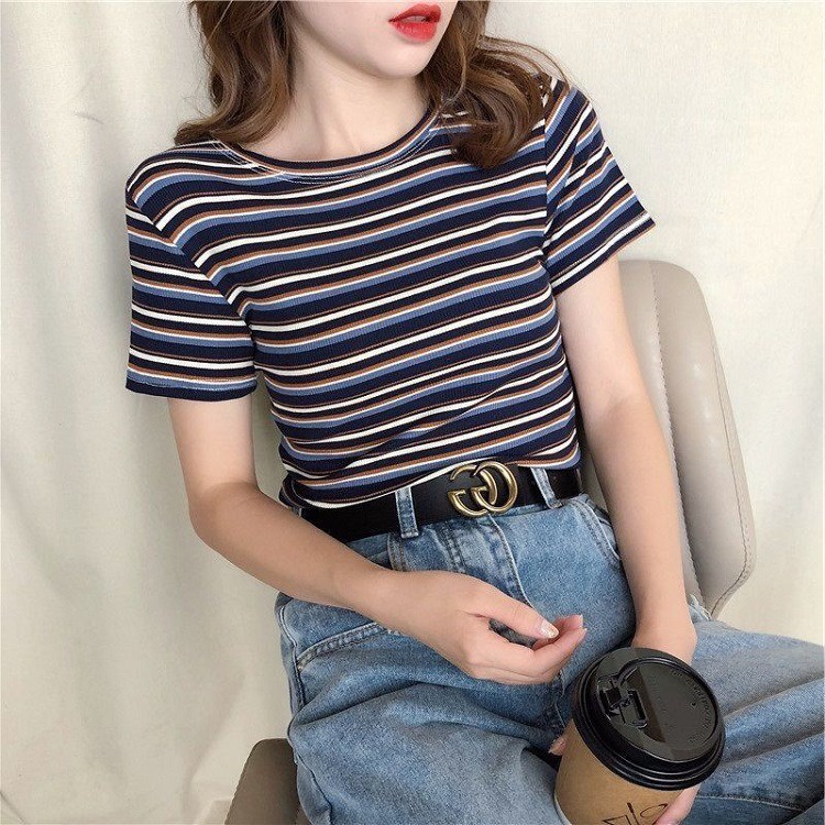 Áo Thun Nữ MIESU Ngắn Tay Croptop Kẻ Sọc Chất Len Dệt Kim Cao Cấp Hàng Quảng Châu