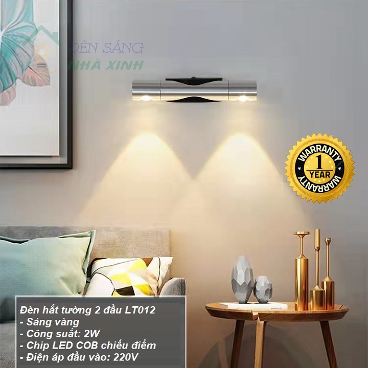 Đèn gắn tường hắt sáng 2 đầu LT012 bằng inox 304,sáng vàng trang trí phòng khách, phòng ngủ, hành lang, cầu thang
