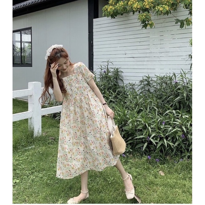 Đầm váy babydoll ulzzang hoa nhí xếp ly ngực ( màu hoa be một màu)