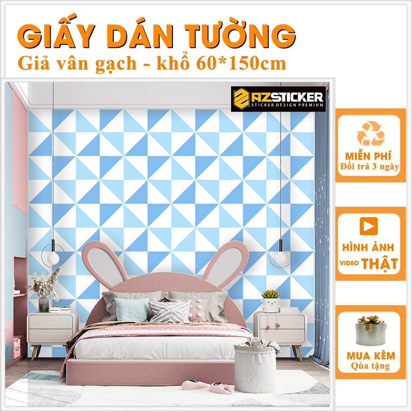 Giấy Dán Tường 3D Tam Giác Trắng Xanh ( D2) | Decal Dán Tường Chất Liệu Chống Bấm Bẩn Nấm Mốc Lau Rửa Dễ Dàng