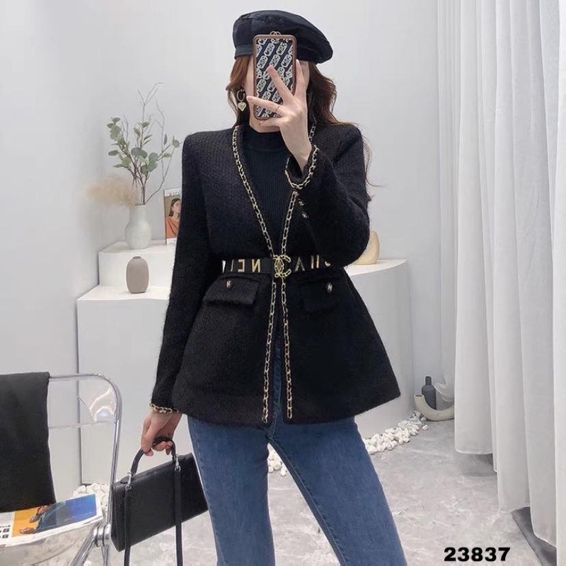 Áo khoác len lông viền xích Hàn quốc kèm đai | BigBuy360 - bigbuy360.vn