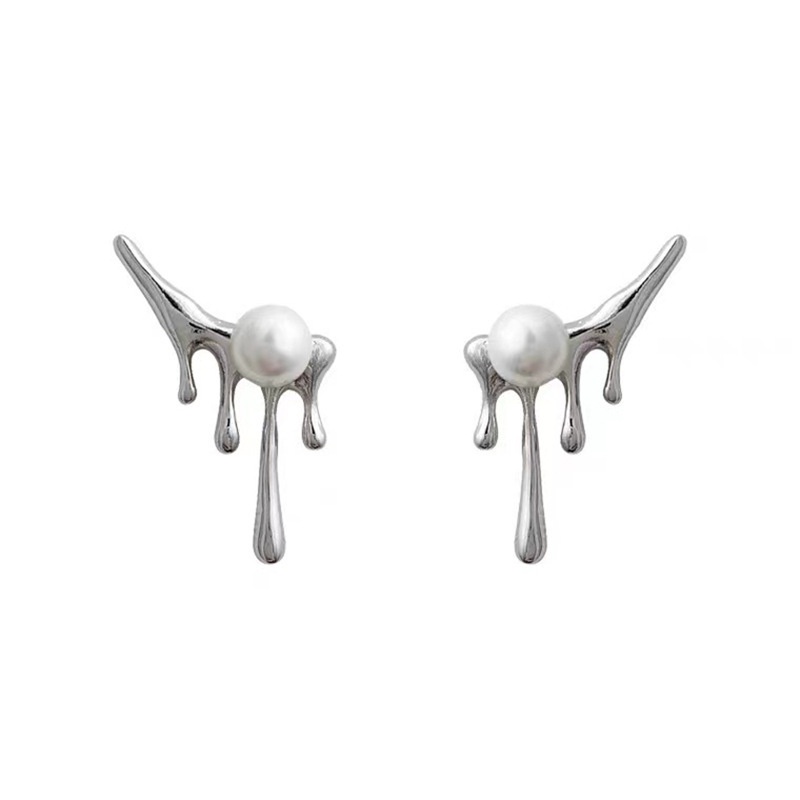 Khuyên tai 19A1221 hình dầu nhỏ giọt bằng kim loại đính hạt ngọc trai đơn giản phong cách hip hop