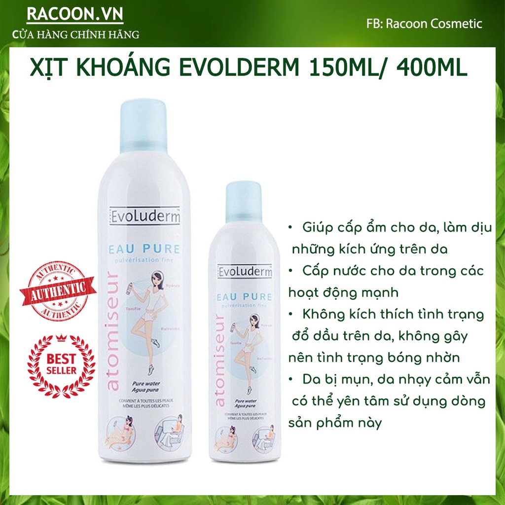 Xịt khoáng Evoluderm giúp dưỡng ẩm cấp nước và làm dịu làn da Atomiseur Eau Pure 150ml và 400ml