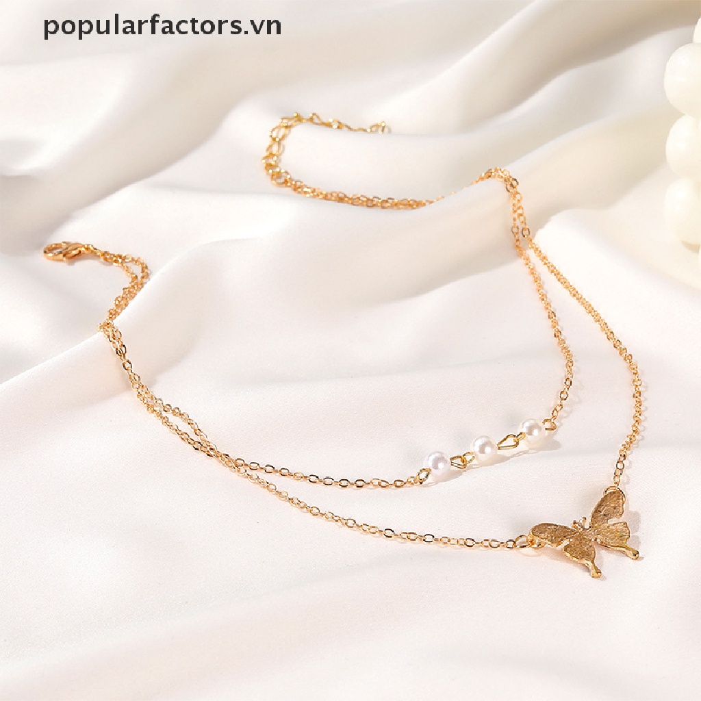 Vòng cổ Nhiều Lớp Mặt Hình Bướm Và Ngọc Trai Thời Trang