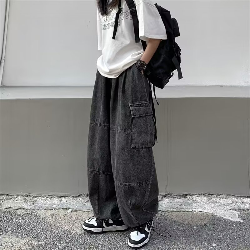 Quần Jean Dáng Rộng Nhiều Túi Thời Trang Phong Cách Hàn Quốc Cho Nam Size S-3XL