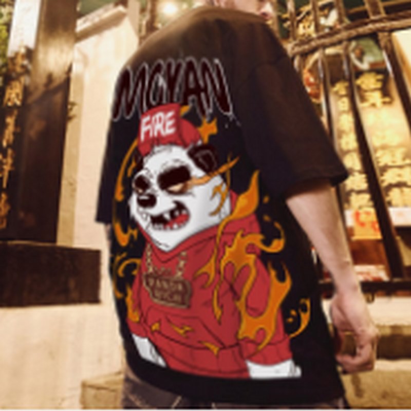 Spot fashion hip-hop T-shirt men's oversized short-sleeved T-shirt flame panda print T-shirt couple tee top