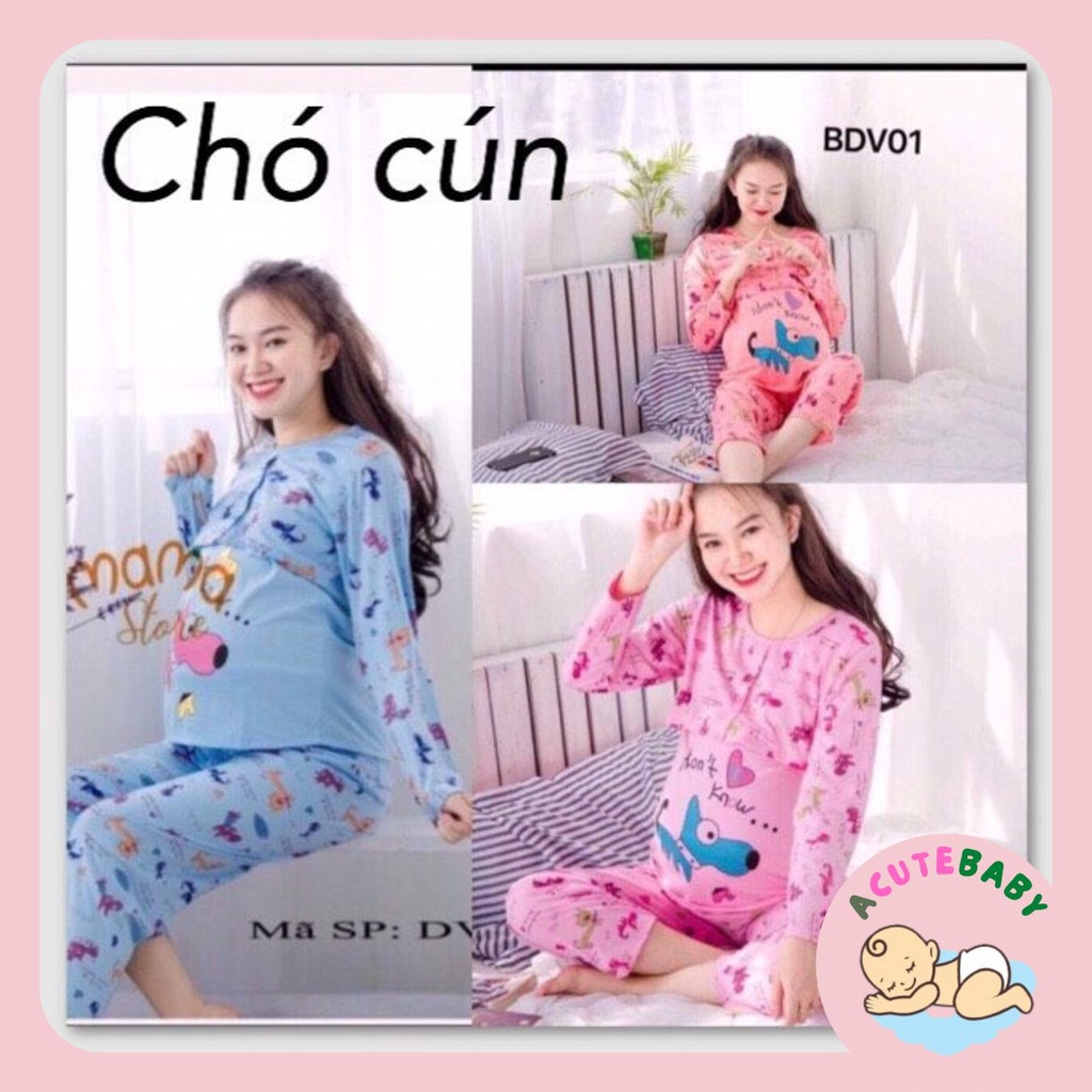 Bộ đồ bầu và sau sinh rẻ, chất cotton mặc nhà cho con bú, quần dài áo dài  - VUBABY