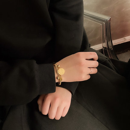 Lắc tay thép titan mạ vàng 18K hạt tròn Hip hop