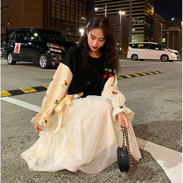 ÁO NỈ THẮT NƠ CHERRY CHÂN VÁY BỒNG BỀNH