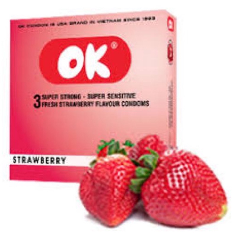 Bao Cao Su OK Hương Dâu Tây Strawberry 49mm - Hộp 3 hoặc 1 bcs
