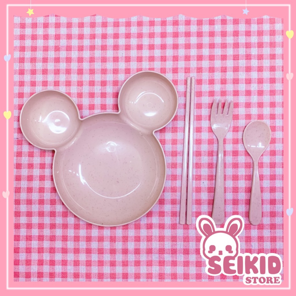 Bộ khay ăn dặm cho bé nhựa an toàn cho bé hình Mickey cho bé 3 khoang chứa thức ăn (kèm thìa,dĩa,đũa) Seikid Store