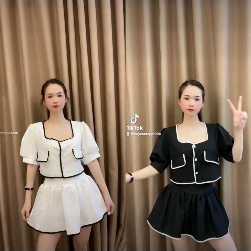 set áo cổ vuông cúc ngọc chân váy bồng
