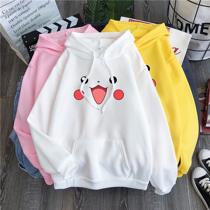 Áo Khoác Thể Thao Có Mũ Trùm Bằng Cotton Dày In Hình Pikachu Dễ Thương Cho Cặp Đôi