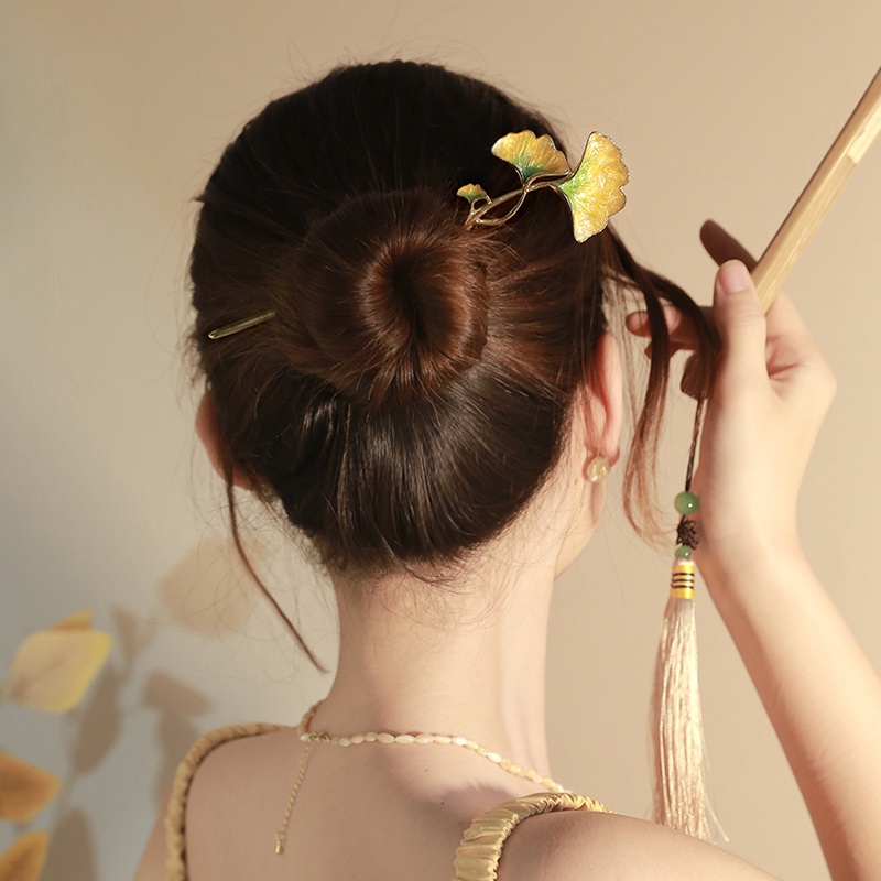 Kẹp Tóc Hình Lá Ginkgo Màu Vàng Phong Cách Trung Hoa