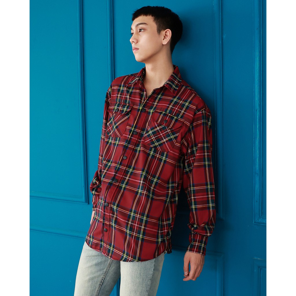 Áó Sơ Mi Flannel Sọc Màu Đỏ Chất Liệu Cotton Thoáng Mát