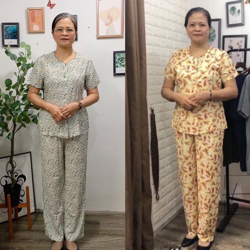 Bộ lanh trung niên Việt Thắng áo cổ tàu áo cài khuy quần dài tặng bà tặng mẹ