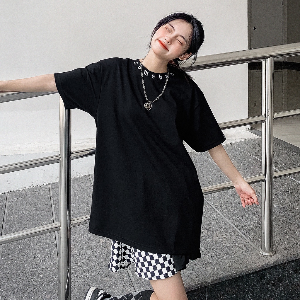 Áo Thun Đen Trơn Viền Cổ Thêu Chữ Comeback Màu Đen Chất Liệu 100% Cotton Form Rộng Thoải Mái Unisex