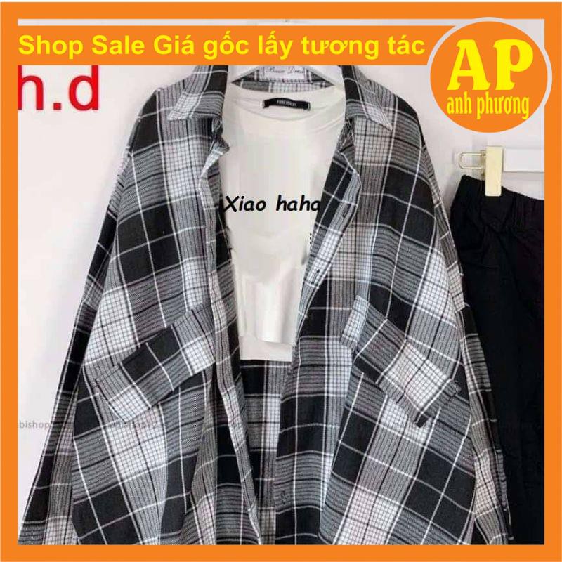 Sét 3 món sơ mi + áo xiao + quần suông❤️gồm áo sơ mi kẻ 2 nắp túi chất thô❤️áo trong body in chữ chất bozip và quần suôg