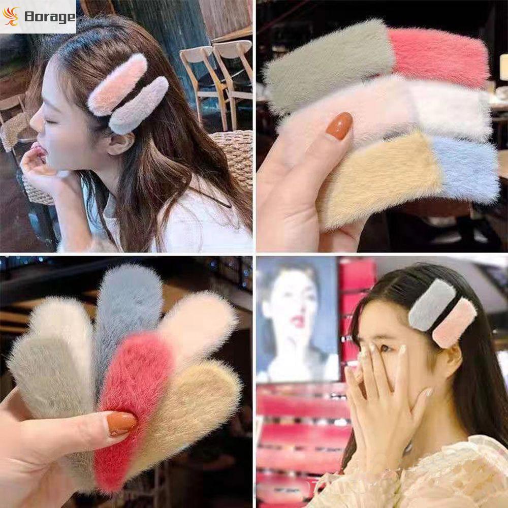 Kẹp tóc lông mềm họa tiết hình học dễ thương cho nữ
