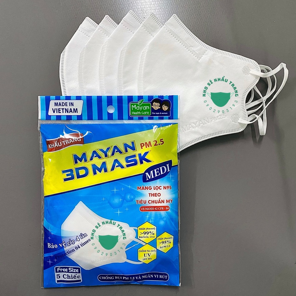 Khẩu trang 5 lớp Mayan 3D mask medi chống bụi PM 2.5 và ngăn vi rút túi 5 chiếc free size