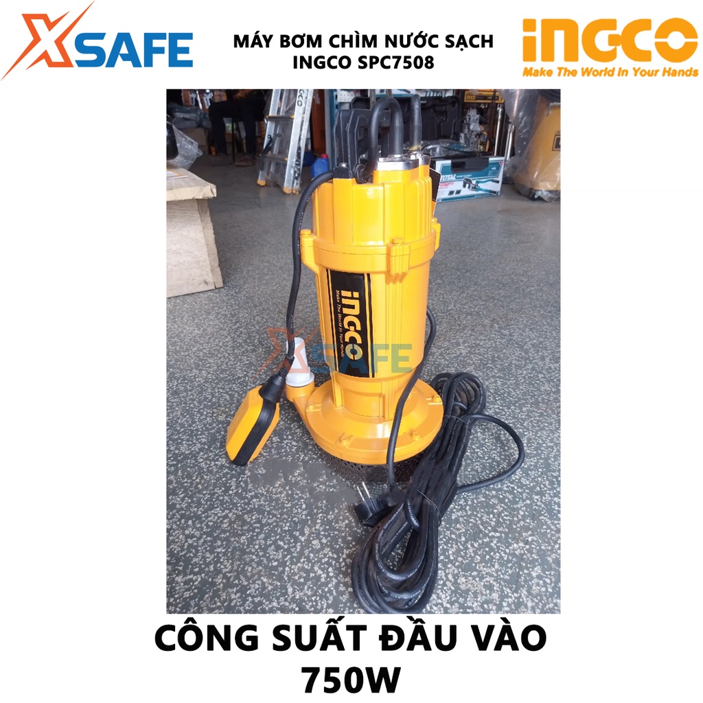 Máy bơm chìm INGCO SPC7508 Máy bơm chìm nước sạch điện áp 220-240V~50Hz, công suất đầu vào 750W(1.0HP), cột áp 32M