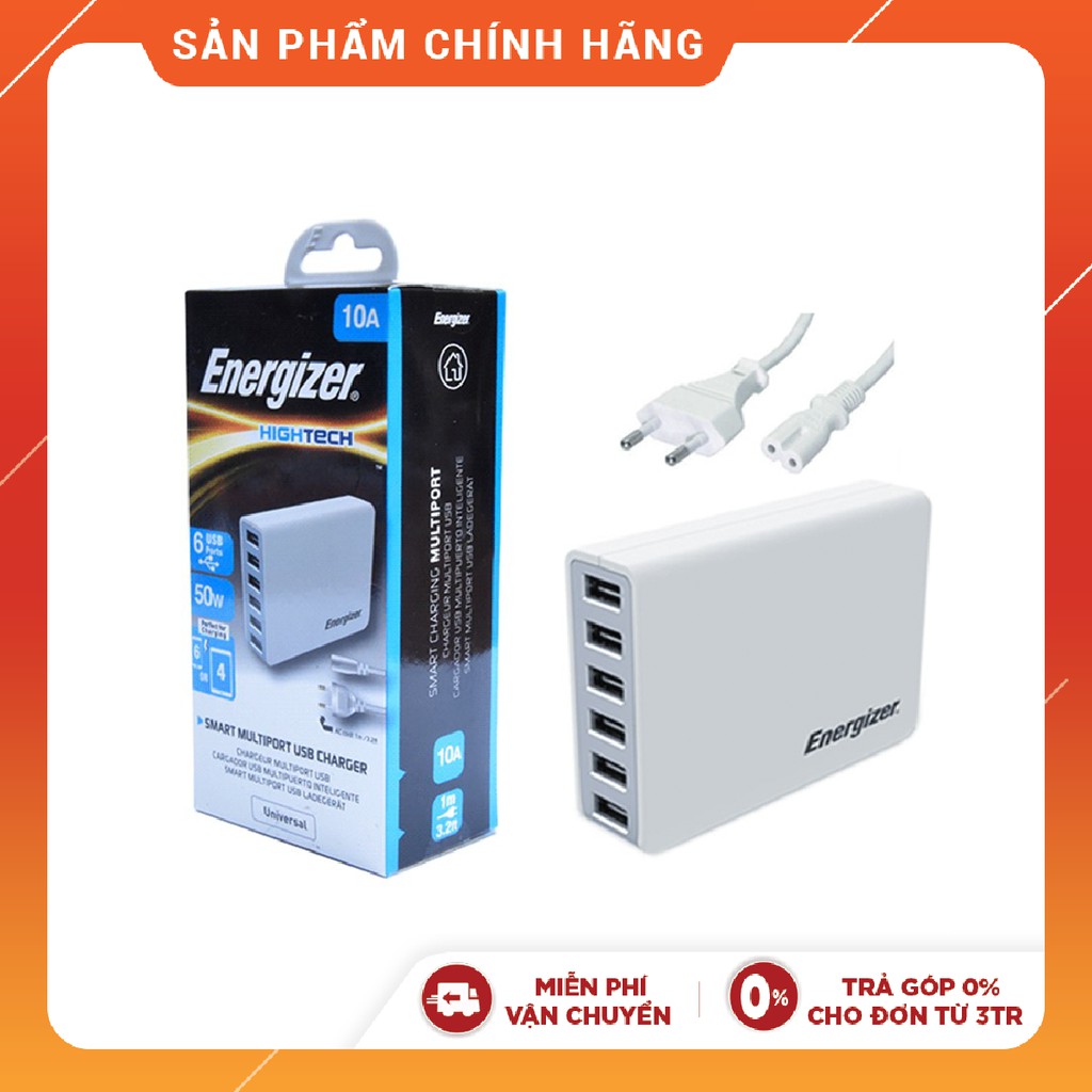 [Mã ELMALL300 giảm 7% đơn 500K] Sạc Energizer 6 cổng USB 50W EU - USA6EEUHWH5 (Trắng)