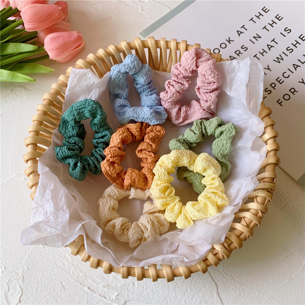 Scrunchies Cột Tóc Tròn Vải Xốp Có Gân Màu Xinh