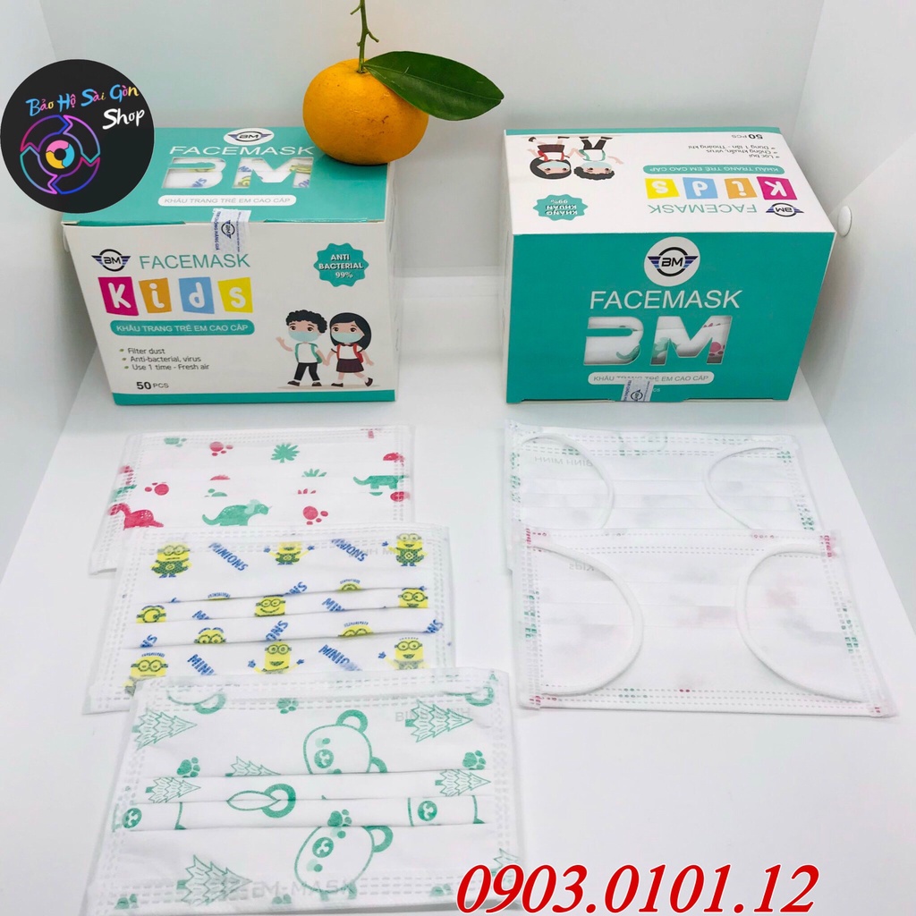 khẩu trang trẻ em cao cấp thương hiệu Bình Minh, khẩu trang y tế họa tiết cho trẻ 4 lớp kháng khuẩn hộp 50 cái