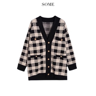 Cardigan kẻ caro (Nâu/Trắng)