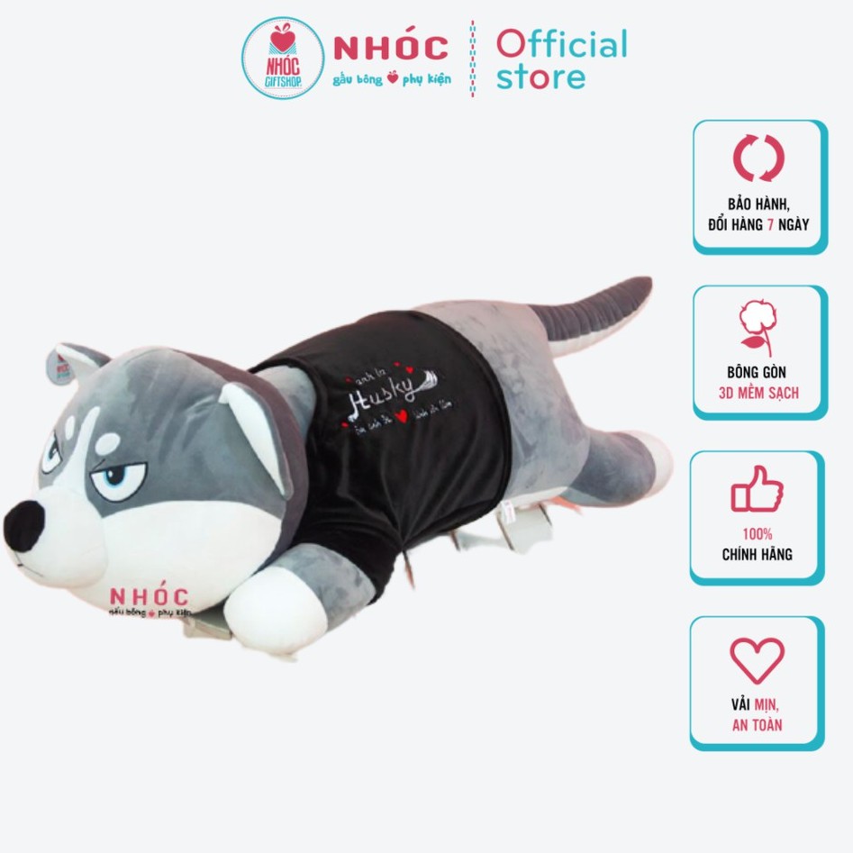 Thú Bông Cao Cấp Chó Husky Mặc Áo Thêu Lông Mịn Nằm TC Size Lớn - NHÓC (Xám)