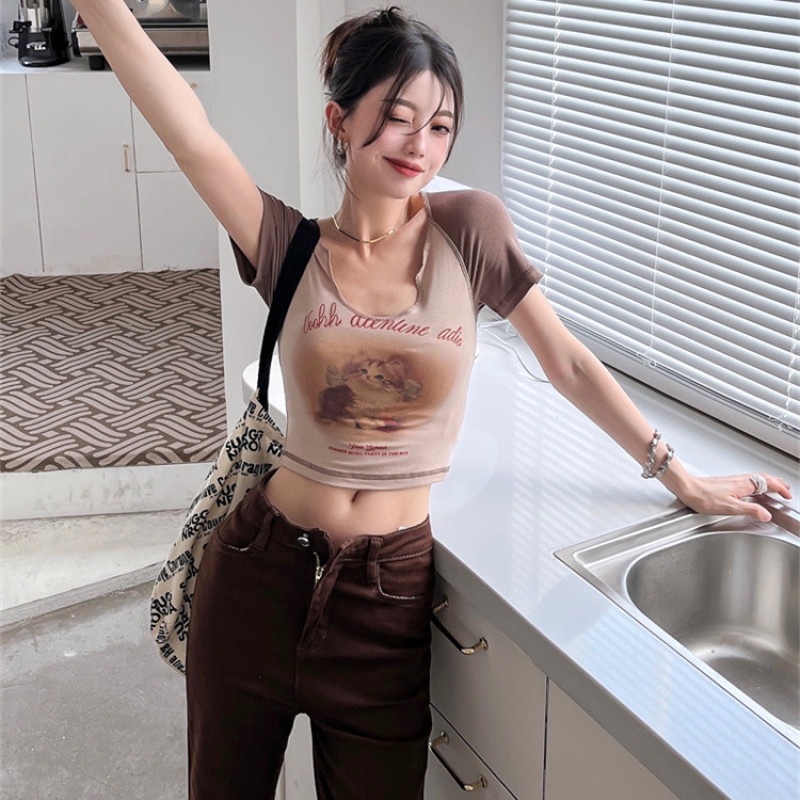 Áo Thun Croptop Tay Ngắn Dáng Ôm In Hình Mèo Dễ Thương