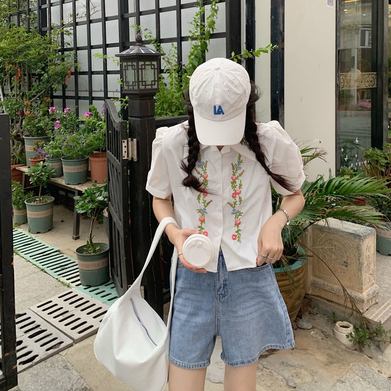 Áo sơ mi thêu hoa phong cách retro Hàn Quốc thiết kế thời trang cho nữ