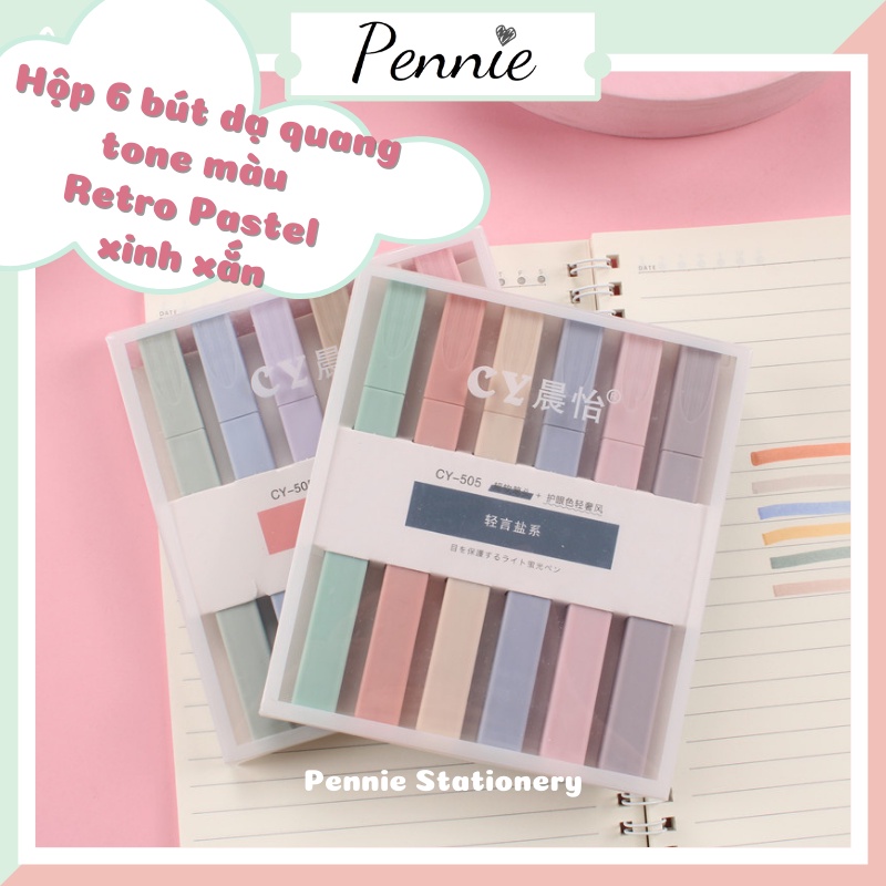 Bút highlight dạ quang Pennie 6 màu pastel đánh dấu retro xinh xắn thân vuông