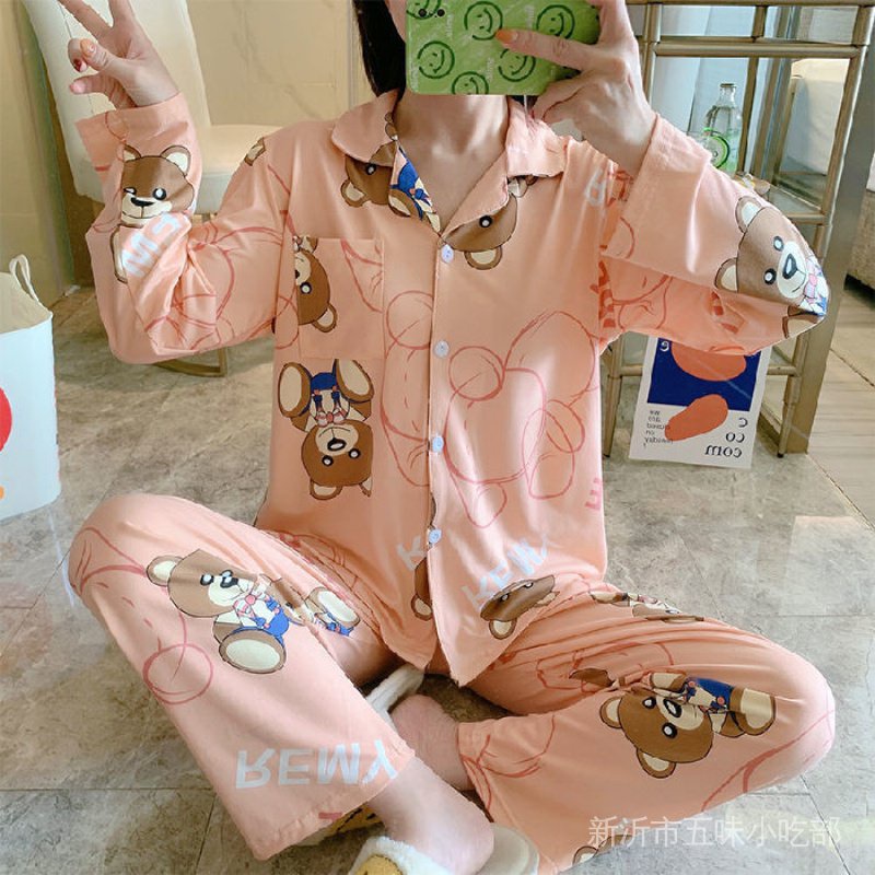 Bộ Đồ Ngủ Tay Dài Chất Cotton Phong Cách Hàn Quốc Thời Trang Thu Đông Xinh Xắn Cho Nữ