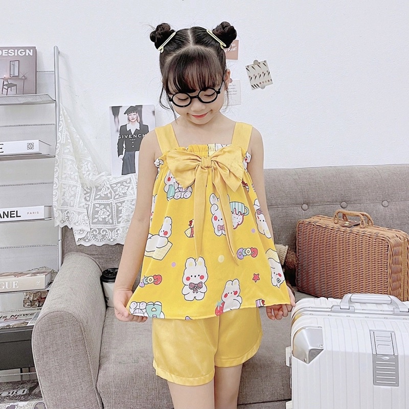 Bộ bé gái từ 16-32kg chất lụa Mago cao cấp❤️Bộ quần áo mặc nhà thiết kế 2 dây bản to phối nơ cho bé gái siêu xinh-M0054