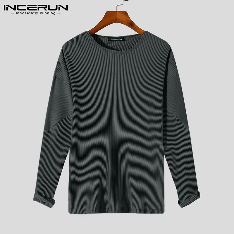 Áo thun INCERUN xếp ly màu trơn tay dài cổ tròn thời trang nam