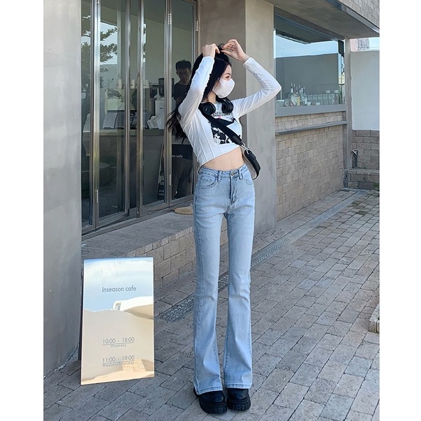 Quần denim Nữ Ống Loe Lưng Cao 4 Màu