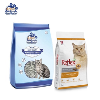 Combo cát kunmiu 8l phấn và thức ăn reflex adult 2kg bao bì mới