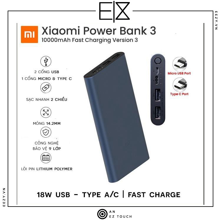 [BẢO HÀNH 6 THÁNG] SẠC DỰ PHONG XIAOMI GEN 3 CHÍNH HÃNG 2 10000 MAH CỔNG USB 1 TYPE C 1 MICRO USB