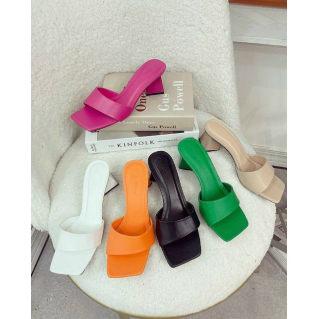 Guốc quạ chéo da lì nhiều màu gót vuông 4p xinh đen hồng xanh cam nude trắng