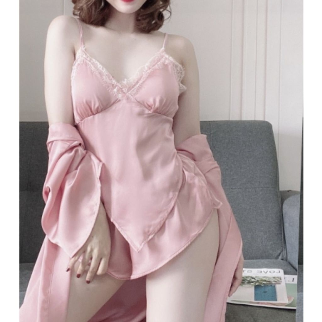 Set bộ ngủ yếm lụa sexy Bộ ngủ mặc nhà siêu gợi cảm + Áo choàng M19