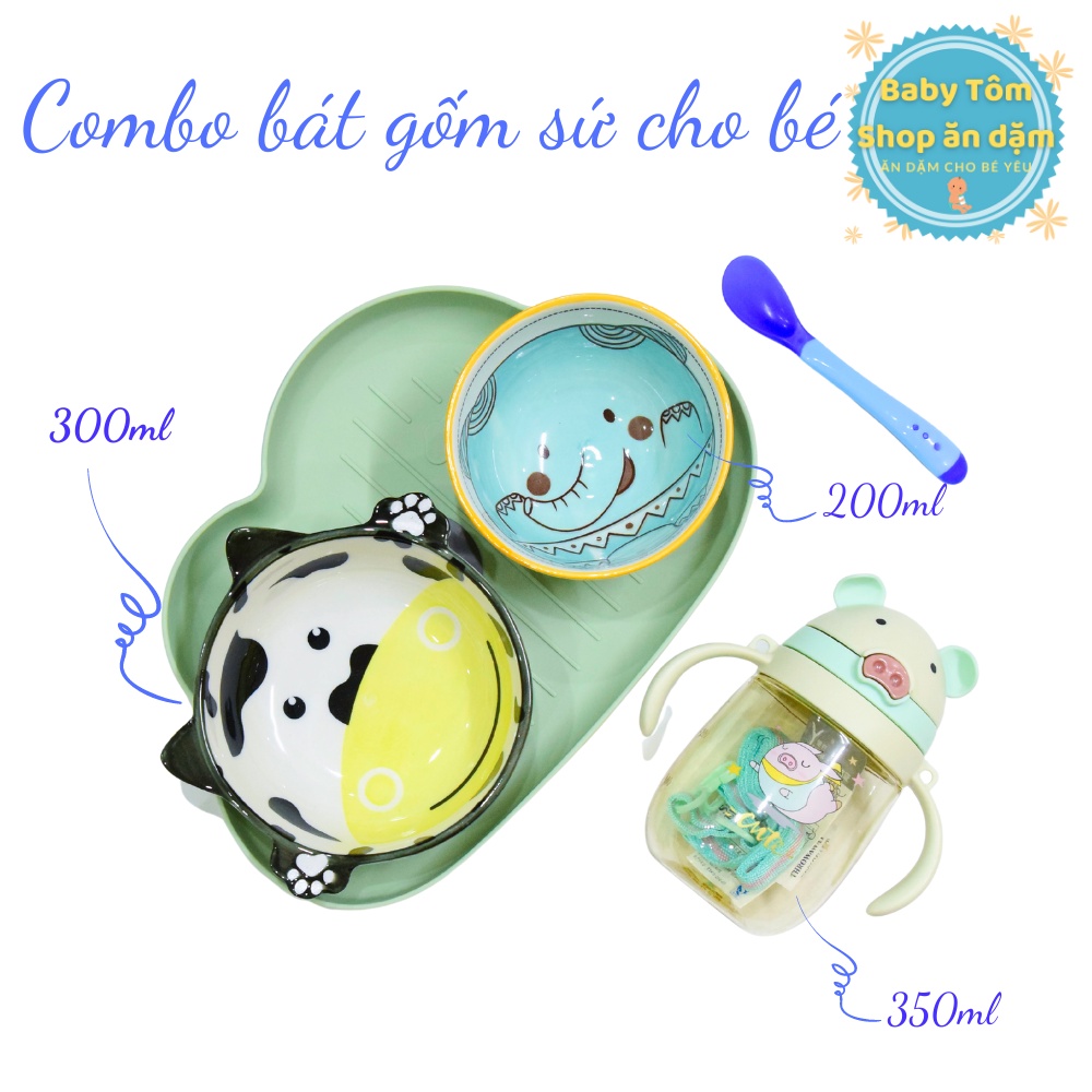Combo Bát ăn dặm gốm sứ và bình uống nước cho bé yêu NPP Baby Tôm