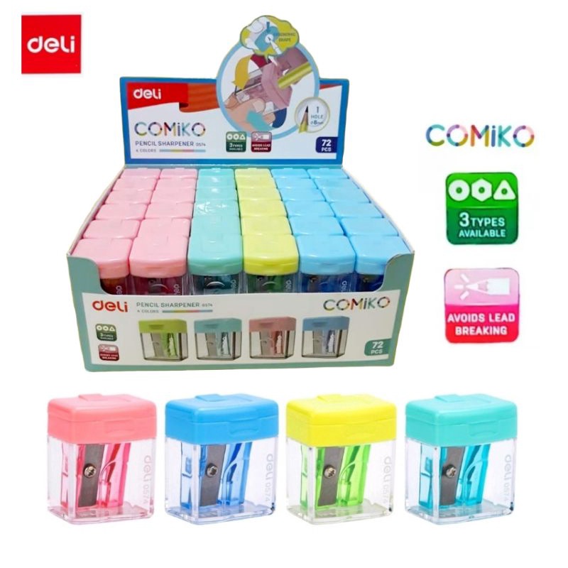 Máy mài bút chì Deli Pastel Color Comiko có nắp số 0574 1 lỗ (Màu hỗn hợp)