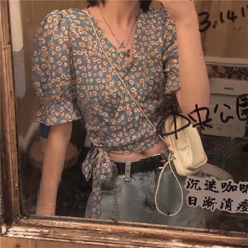 Áo croptop hoa nhí xanh thắt nơ eo dễ thương ulzzang + Kèm Ảnh Thật