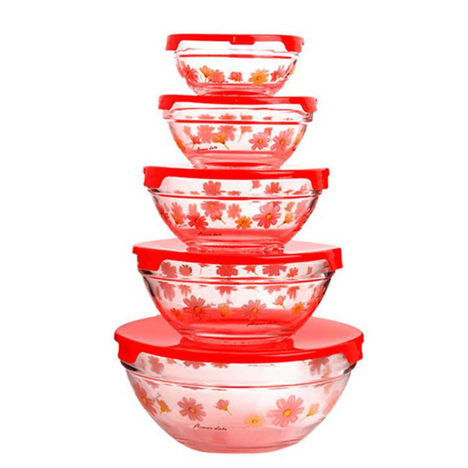 Bộ 5 bát thủy tinh trong suốt in hoa văn có nắp đậy