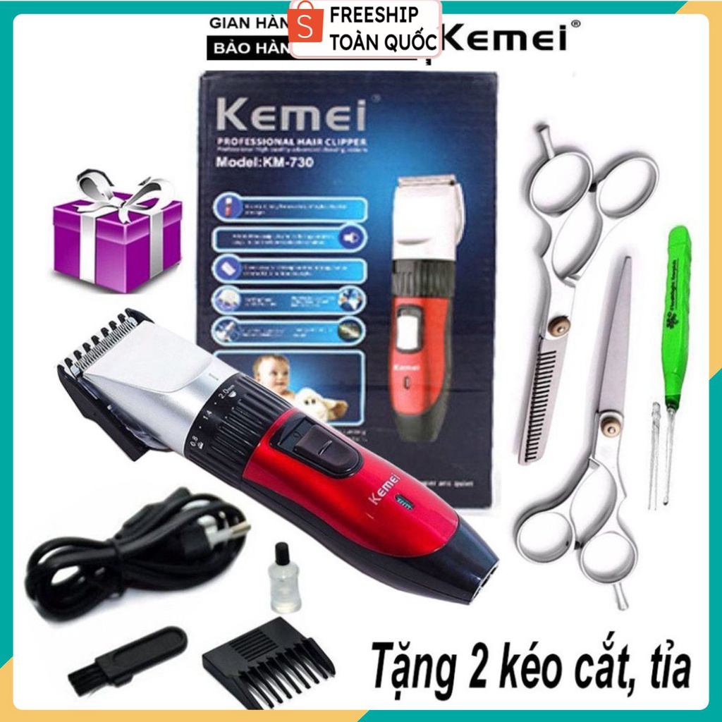 Tông Đơ Cắt Tóc Gia Đình Tặng Bộ Kéo Cắt Tỉa - KEMEI - KM 730 . .